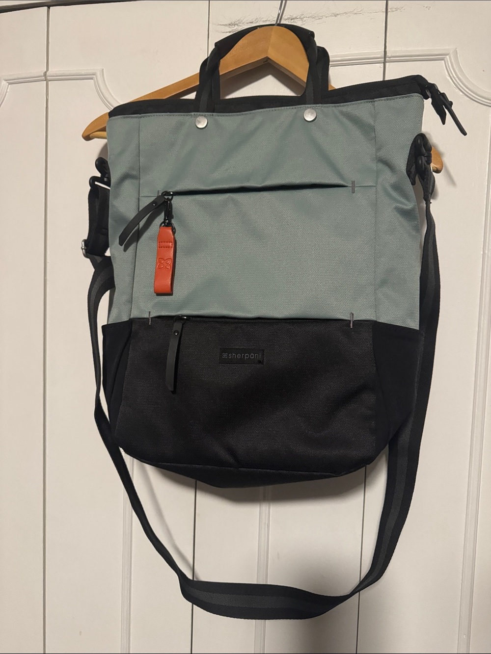 Sherpani Two-Tone Messenger Bag - Sage Green and Black with Orange Accent